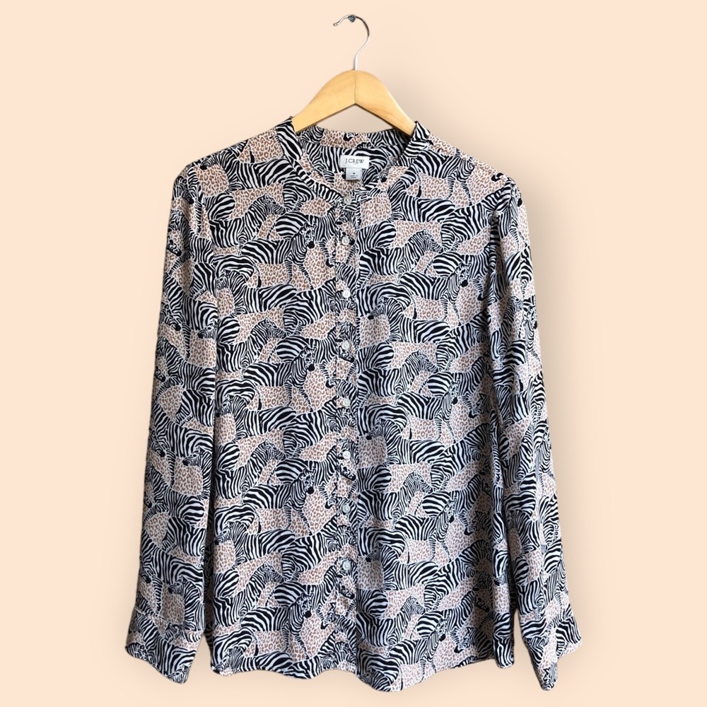 J. Crew Factory Band Collar Button Up Top Animal Print Zebra Print Women’s M